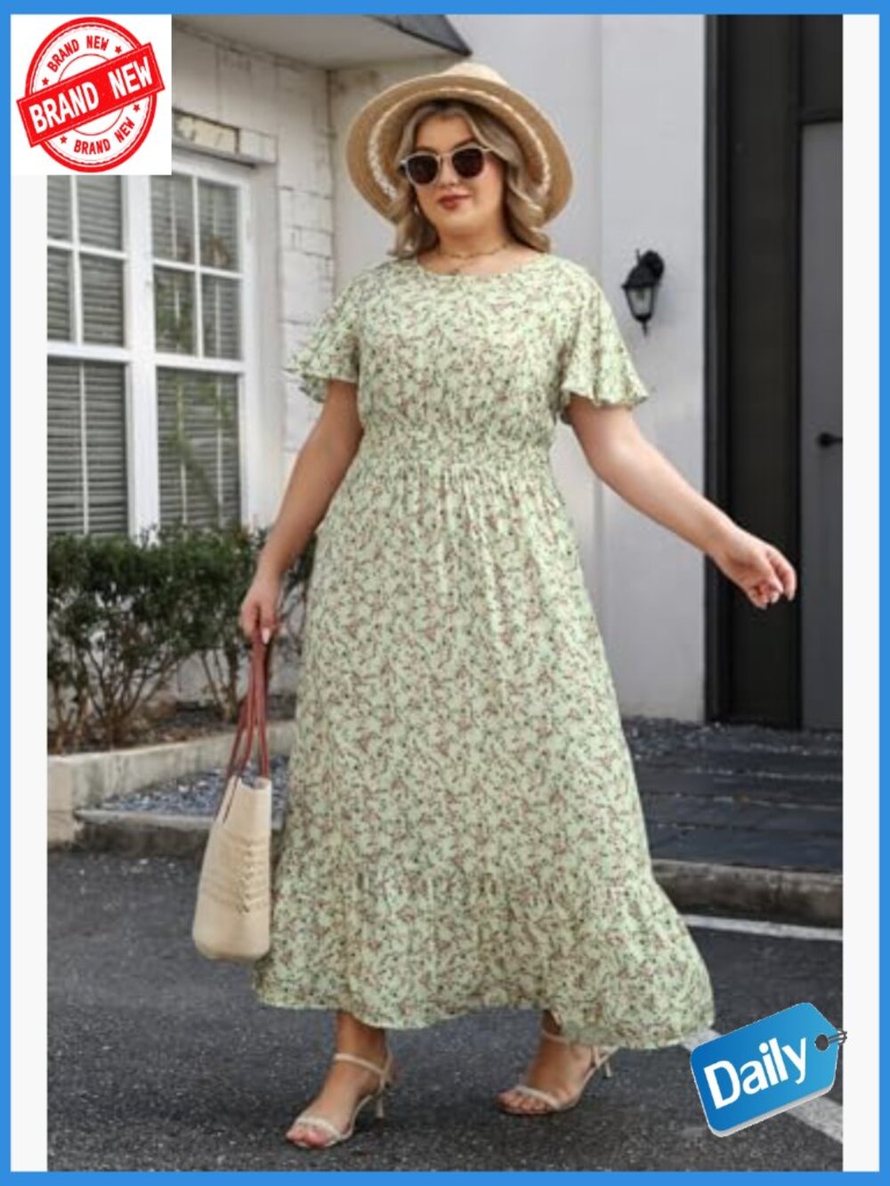 Plus Size Floral Maxi Dress Smocked Waist Flutter Sleeves Boho Casual - Picture 6 of 6